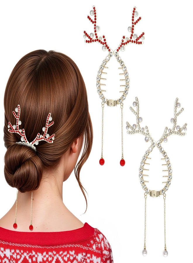 Amabro 2PCS Christmas Reindeer Ponytail Bun Holder, Bling Reindeer Banana Clips Rhinestone Pearl Hair Claw Clips Christmas Hair Accessories for Women Girls - Image 1